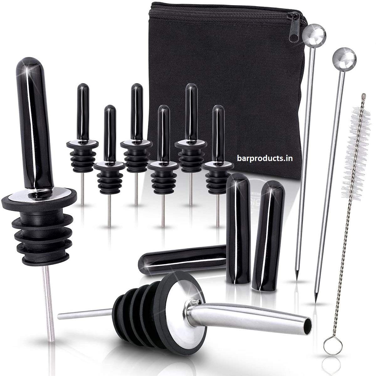 Divris Premium 18/8 Grade Liquor Bottle Pourers Set: Combo Kit of 8 Stainless Steel Pour Spouts, 10 Long Dust Caps, 2 Cocktail Picks, 1 Brush and Storage Bag, Olive Oil Pourer: 22 Pcs Kit