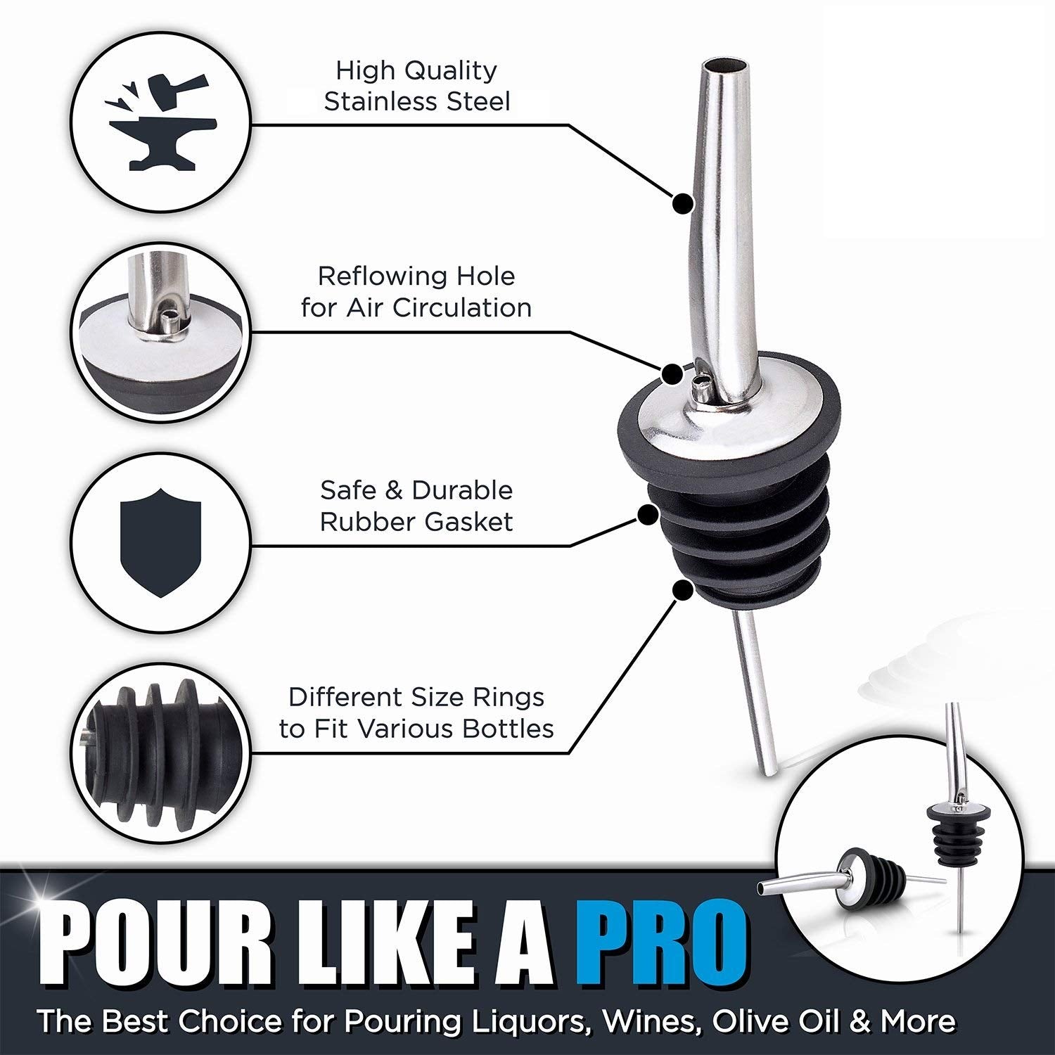 Stainless Steel Bottle Pourers Spouts with dust cover and cleaning brush