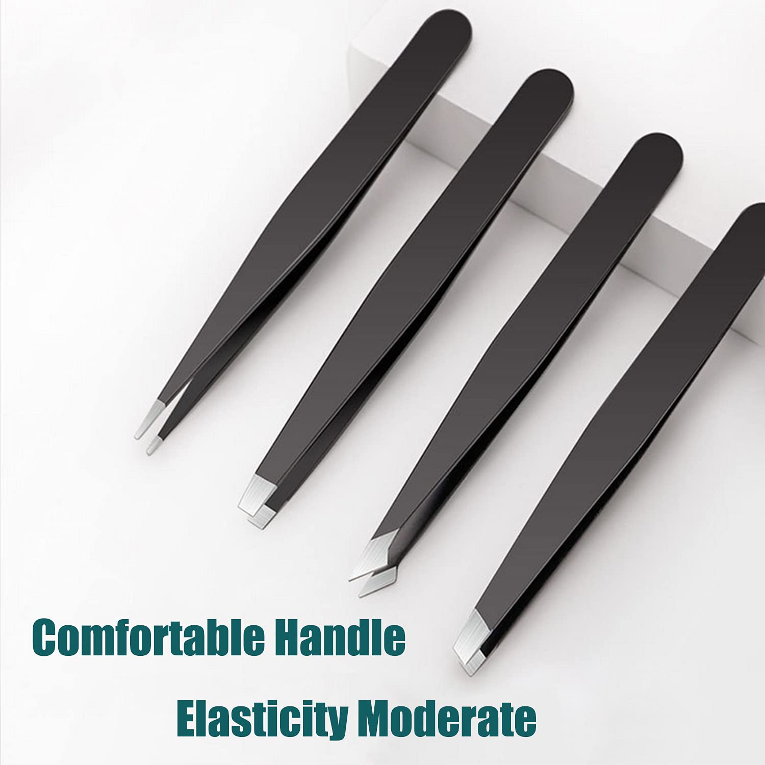 Black Stainless Steel Slant Tip and Pointed Eyebrow Tweezer Set with travel case, 4 Pcs (Pack): 100 Packs