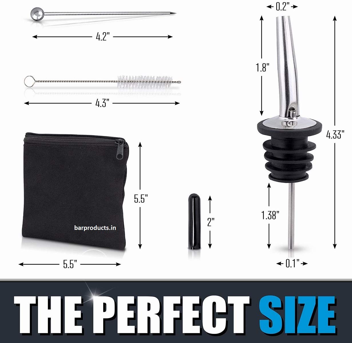 Divris Premium 18/8 Grade Liquor Bottle Pourers Set: Combo Kit of 8 Stainless Steel Pour Spouts, 10 Long Dust Caps, 2 Cocktail Picks, 1 Brush and Storage Bag, Olive Oil Pourer: 22 Pcs Kit