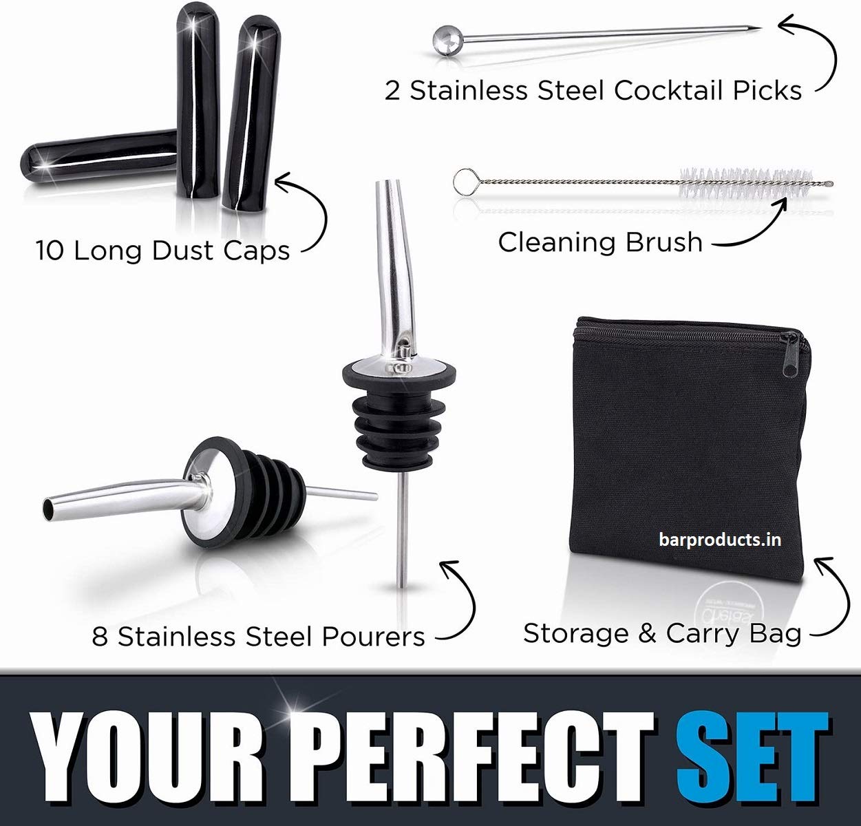 Divris Premium 18/8 Grade Liquor Bottle Pourers Set: Combo Kit of 8 Stainless Steel Pour Spouts, 10 Long Dust Caps, 2 Cocktail Picks, 1 Brush and Storage Bag, Olive Oil Pourer: 22 Pcs Kit