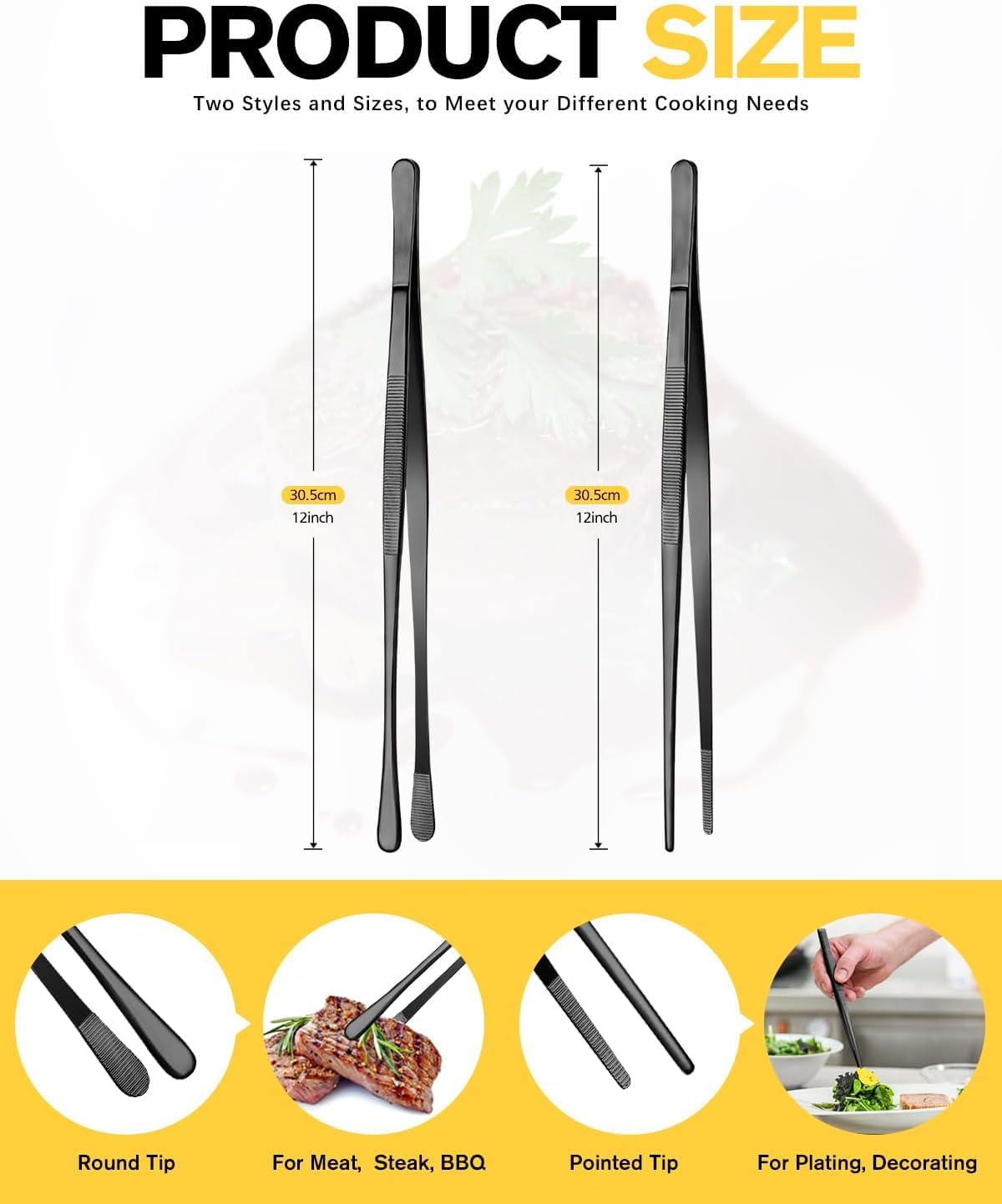 Divris 12-inch Cooking Tweezers Tongs Precision Serrated Tips, Stainless Steel Professional Chef Tweezer Kitchen Tools for BBQ, Plating and Serving: Black 2 Pcs