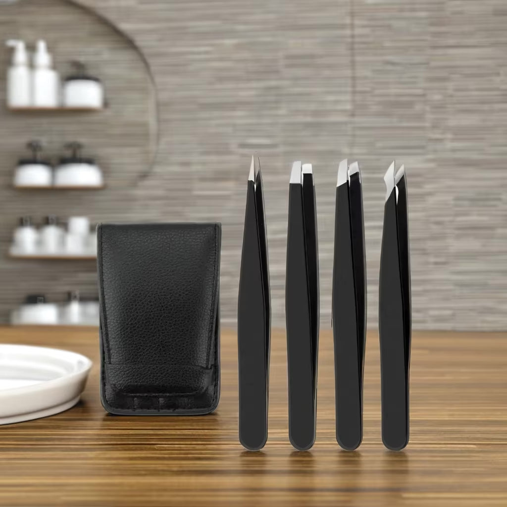 Black Stainless Steel Slant Tip and Pointed Eyebrow Tweezer Set with travel case, 4 Pcs (Pack): 100 Packs