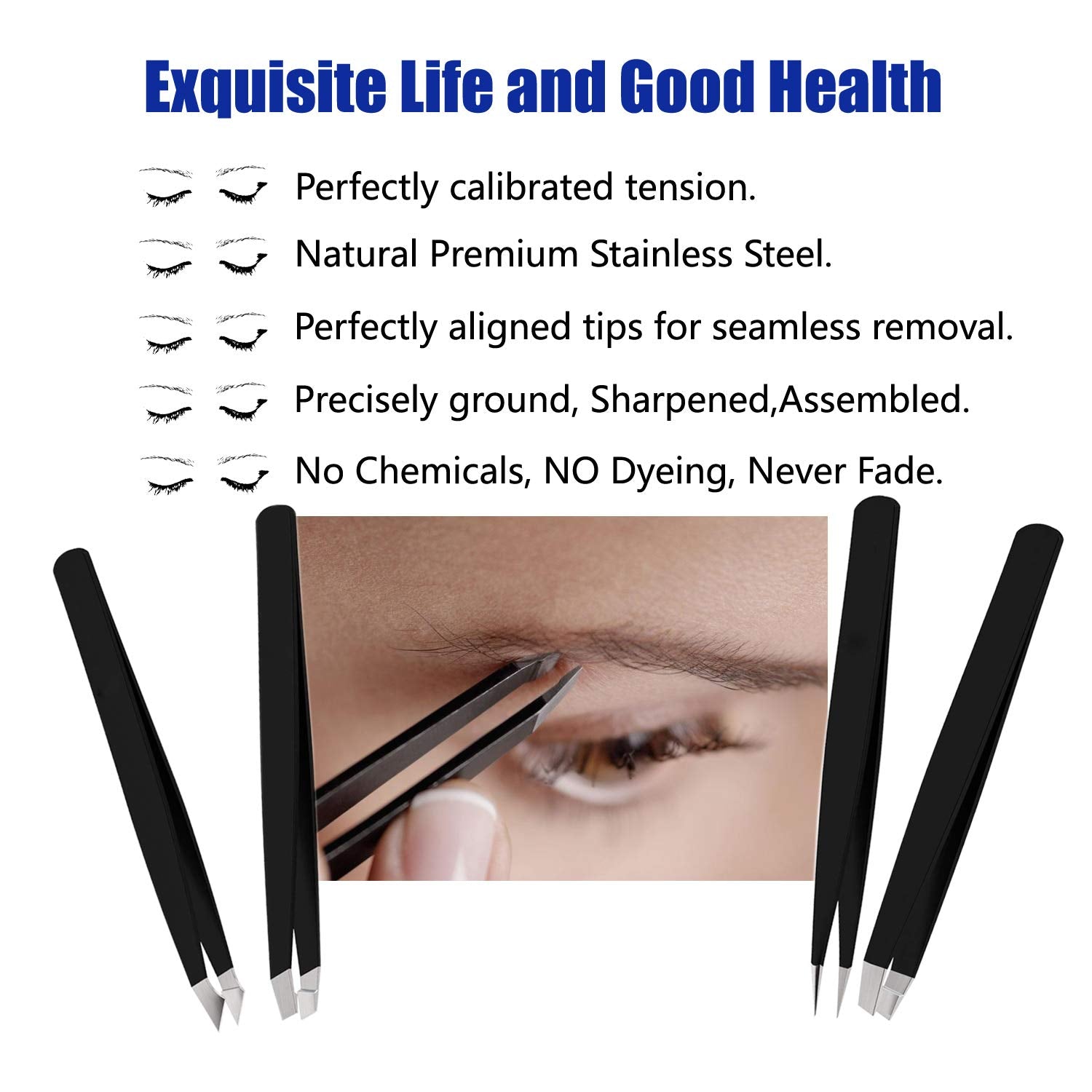 Black Stainless Steel Slant Tip and Pointed Eyebrow Tweezer Set with travel case, 4 Pcs (Pack): 100 Packs