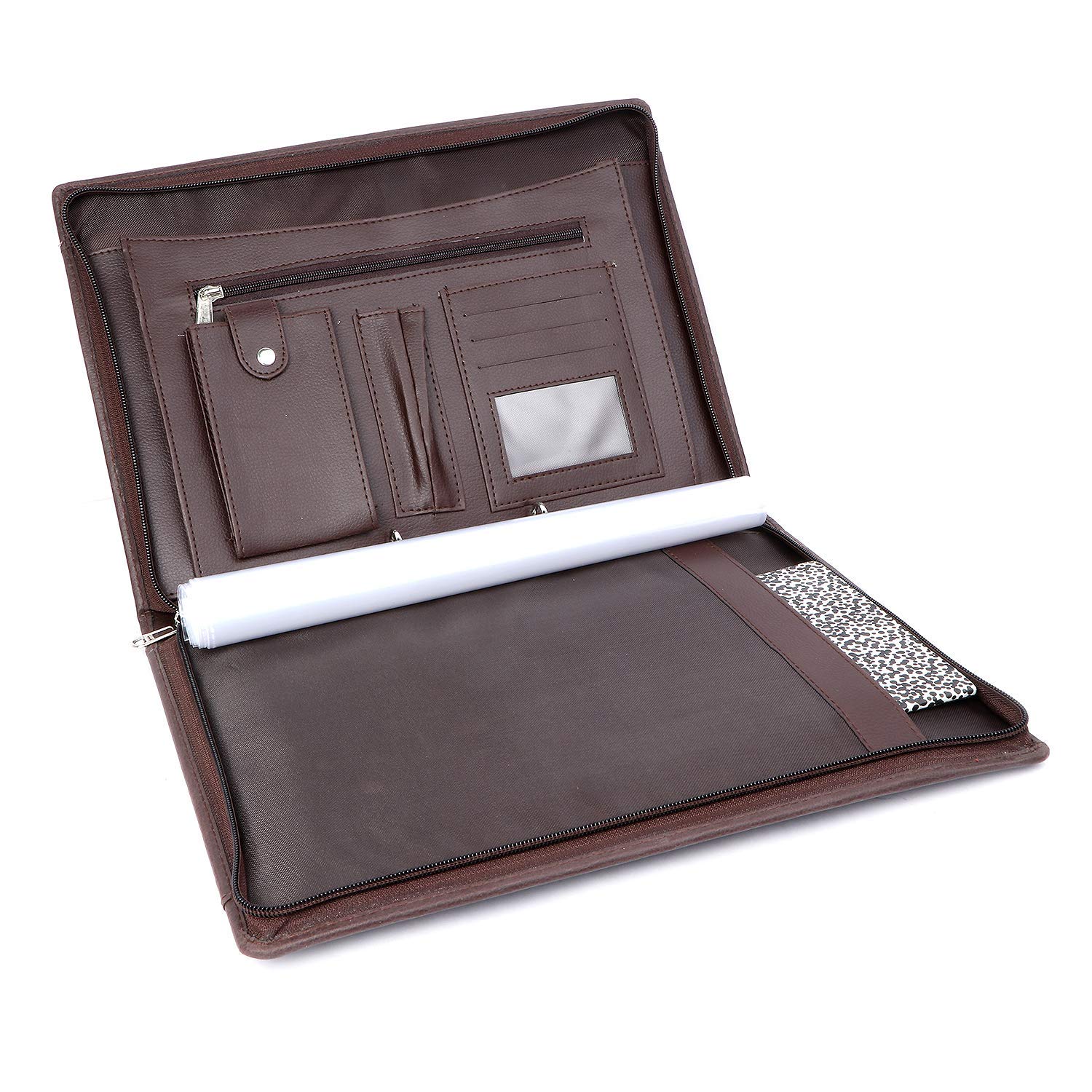 NJ Leather Zipper File Document Bag with Handle for Certificates, Document Bag with Adjustable Handles (Size: 38x27 cm, Brown)