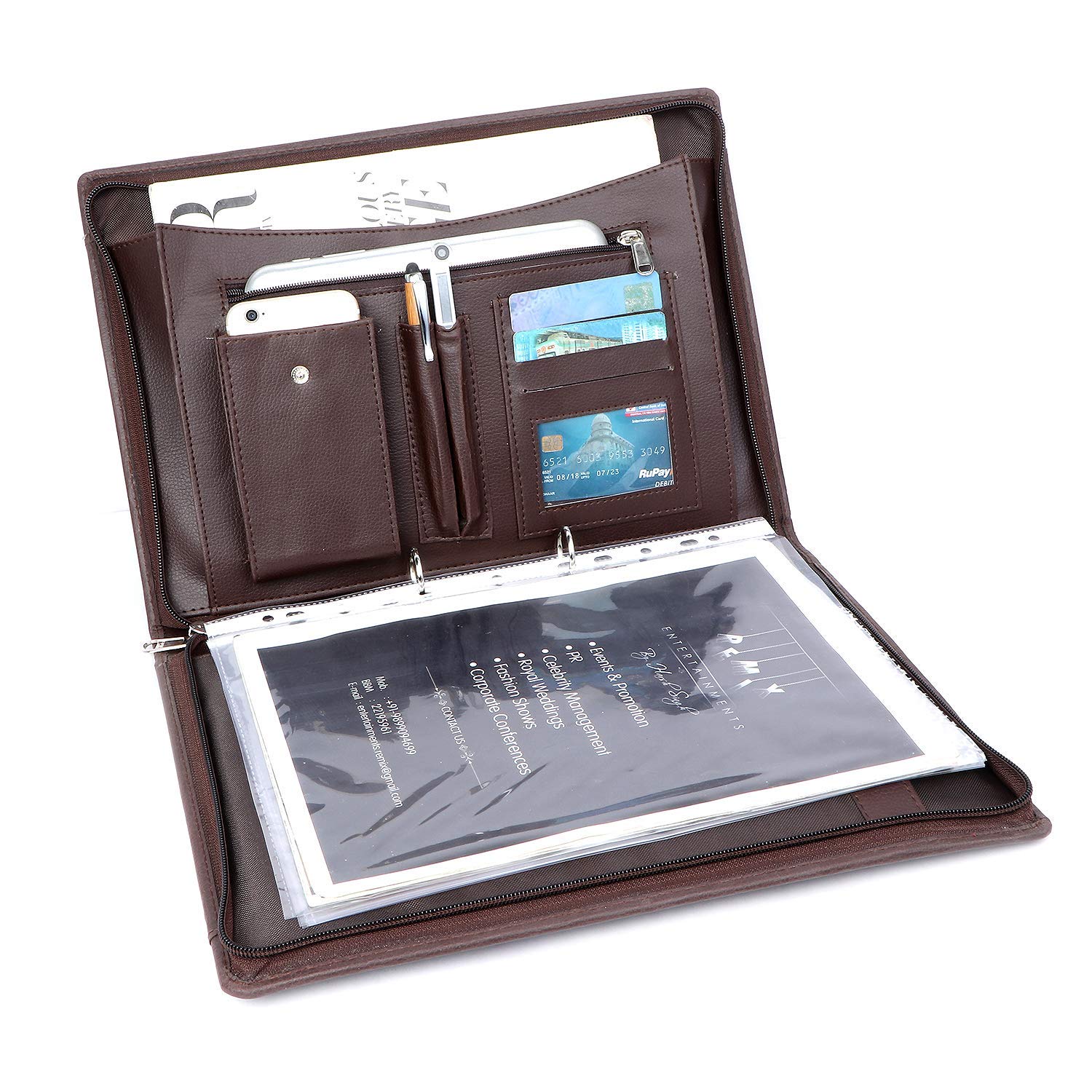 NJ Leather Zipper File Document Bag with Handle for Certificates, Document Bag with Adjustable Handles (Size: 38x27 cm, Brown)