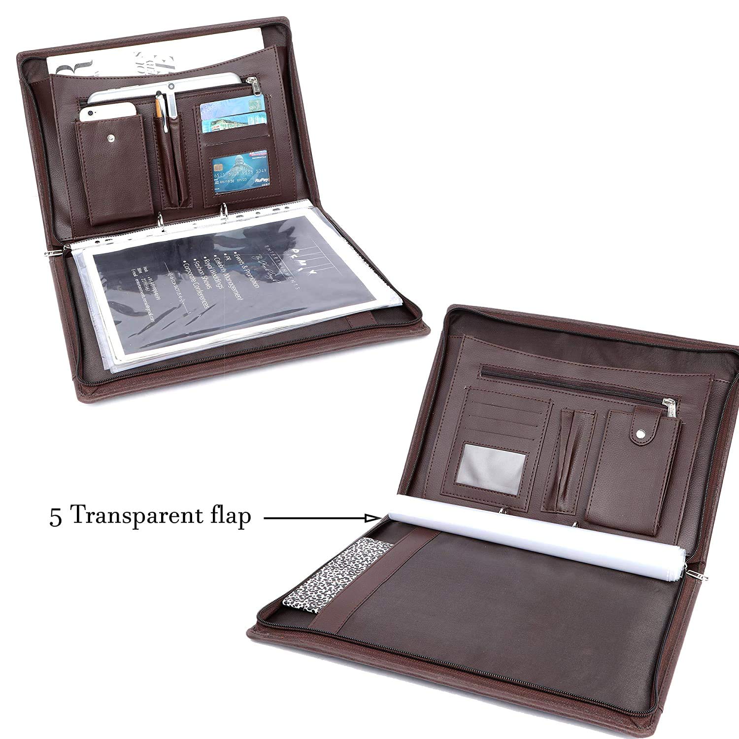 NJ Leather Zipper File Document Bag with Handle for Certificates, Document Bag with Adjustable Handles (Size: 38x27 cm, Brown)